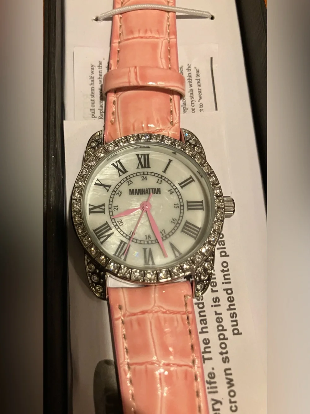 NEA Manhattan by Croton Pink Leather Band Crystal Accent Wristwatch Women’s